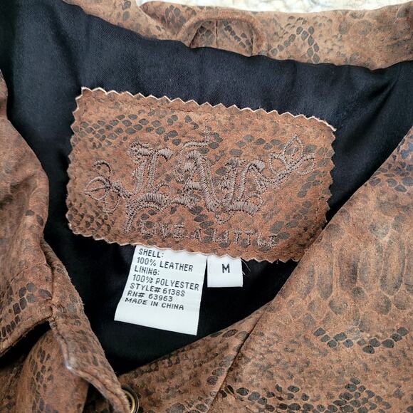 L.A.L. Leather Snake Print Jacket Round Collar Cropped Snap Buttons M - Picture 6 of 7